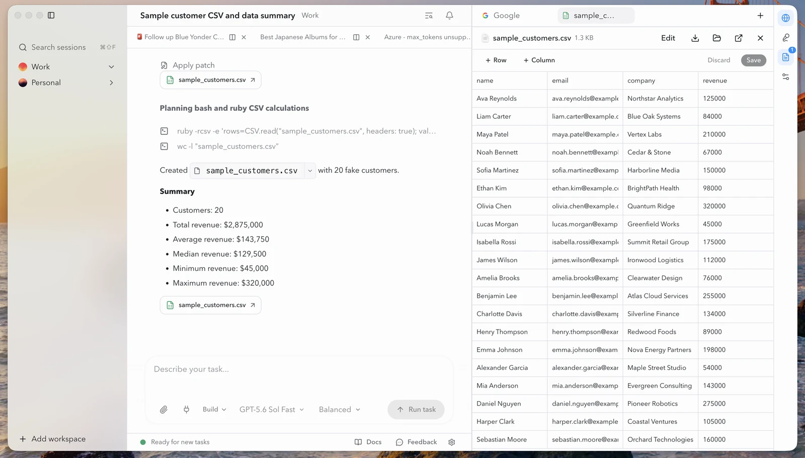 OpenWork desktop screenshot with an agent summarising customer data beside the resulting spreadsheet.